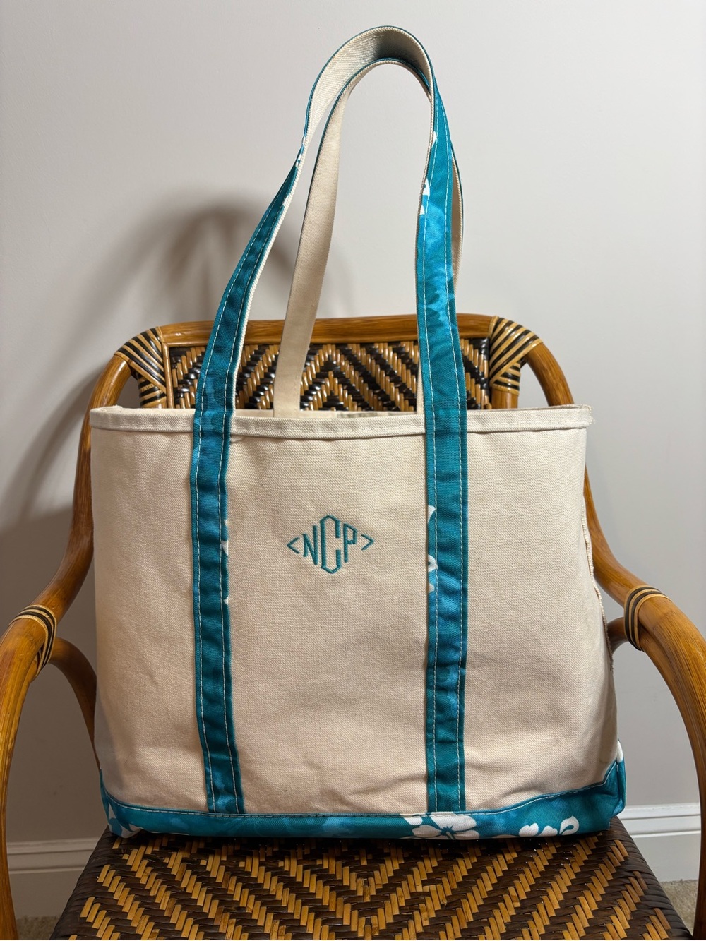 L.L. Bean Boat and Tote Canvas Bag Hawaiian Floral Monogram